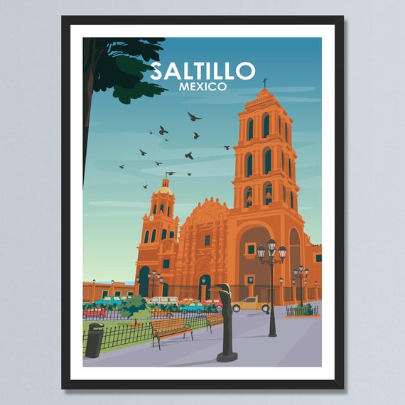 Saltillo City Travel Poster Mexico Cathedral Of Santiago Art Print Mexican Architecture Personalized Gift For Home Decor