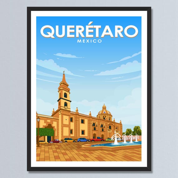 Queretaro Mexico Travel Poster Temple De San Francisco Art City Scene Illustration Vintage Style Mexican Home Decor