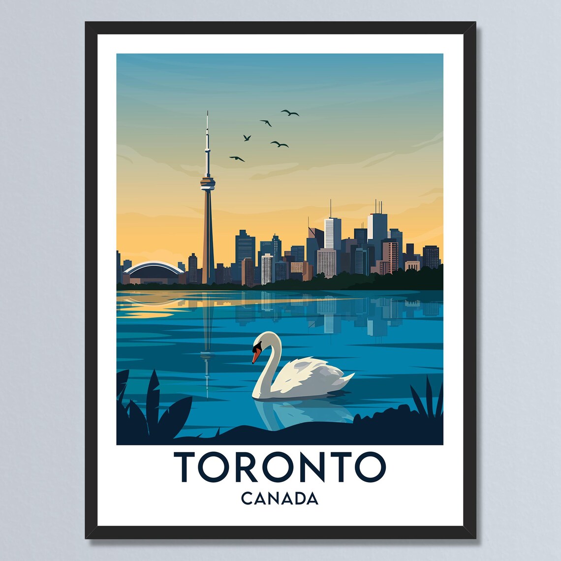 Toronto Canada CN Tower Waterfront Swan Skyline Sunset Travel Poster