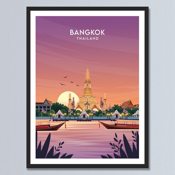 Bangkok Thailand Riverside Temple of Dawn Sunset Travel Poster