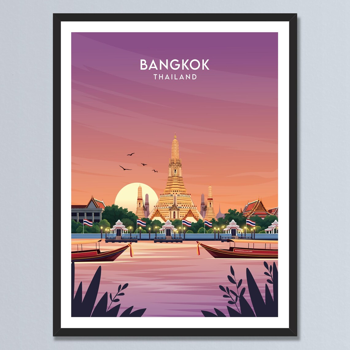 Bangkok Thailand Riverside Temple of Dawn Sunset Travel Poster