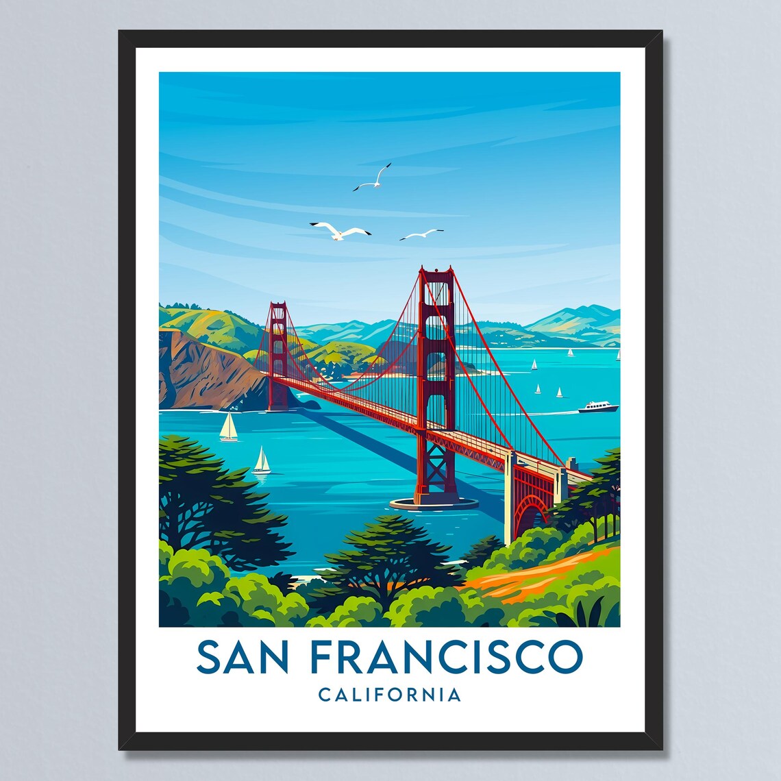 San Francisco Golden Gate Bridge Bay Sunset Retro Travel Poster