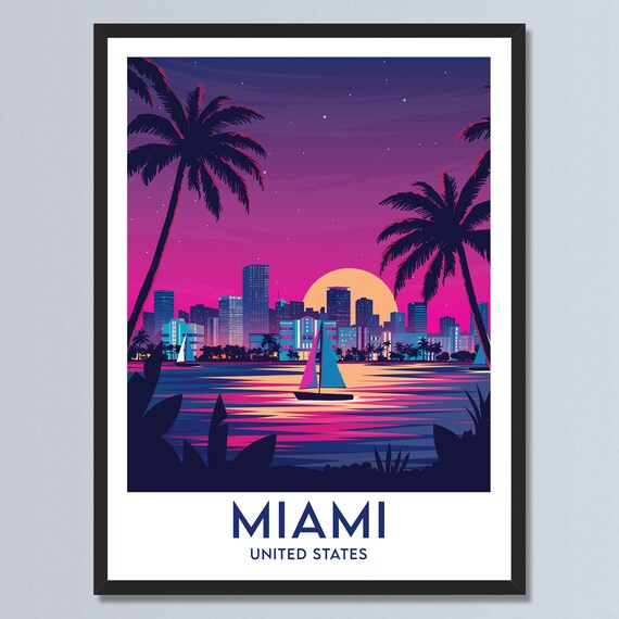 Miami Florida Night Skyline Sailboats Palms Ocean Bay Travel Poster