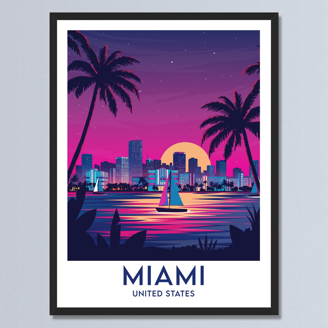 Miami Florida Night Skyline Sailboats Palms Ocean Bay Travel Poster