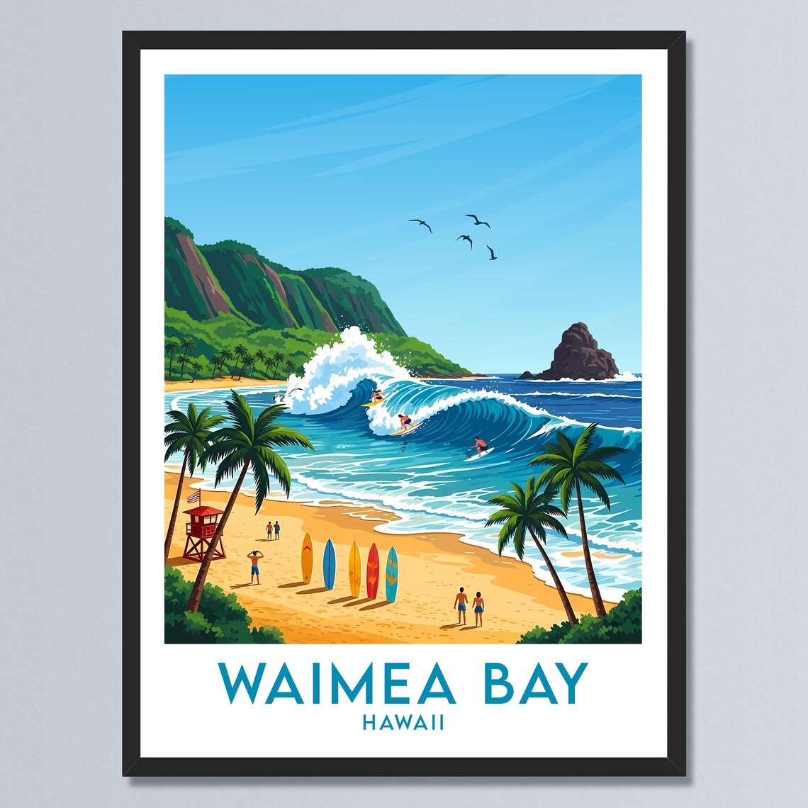Waimea Bay Hawaii Big Wave Surfing Beach Palm Trees Surf Art Poster