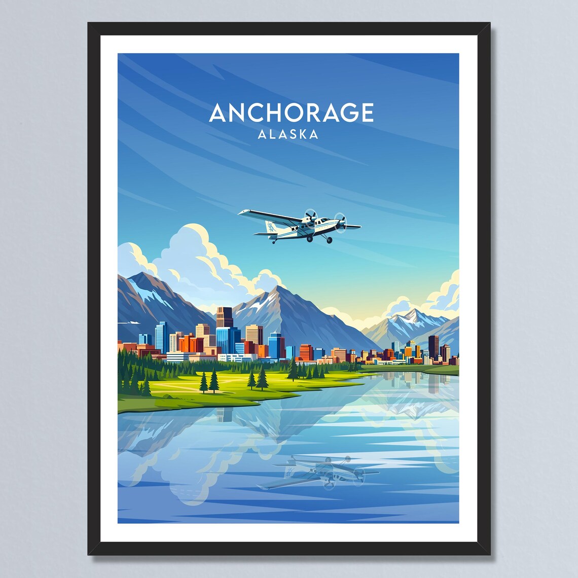 Anchorage Alaska City Skyline Seaplane Flying Over Lake Reflection Poster