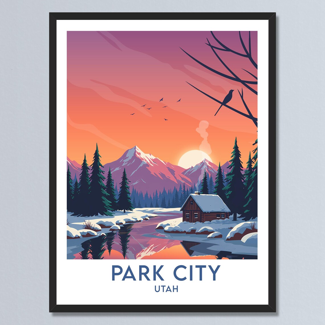 Park City Utah Snowy Mountain Cabin Sunset River Winter Poster