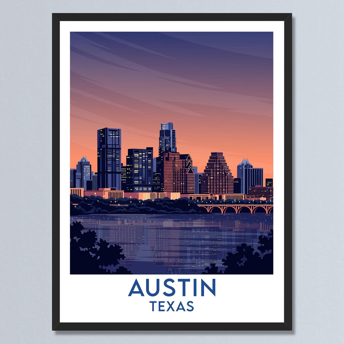 Austin Texas Sunset Skyline River Reflection Twilight Dusk Poster