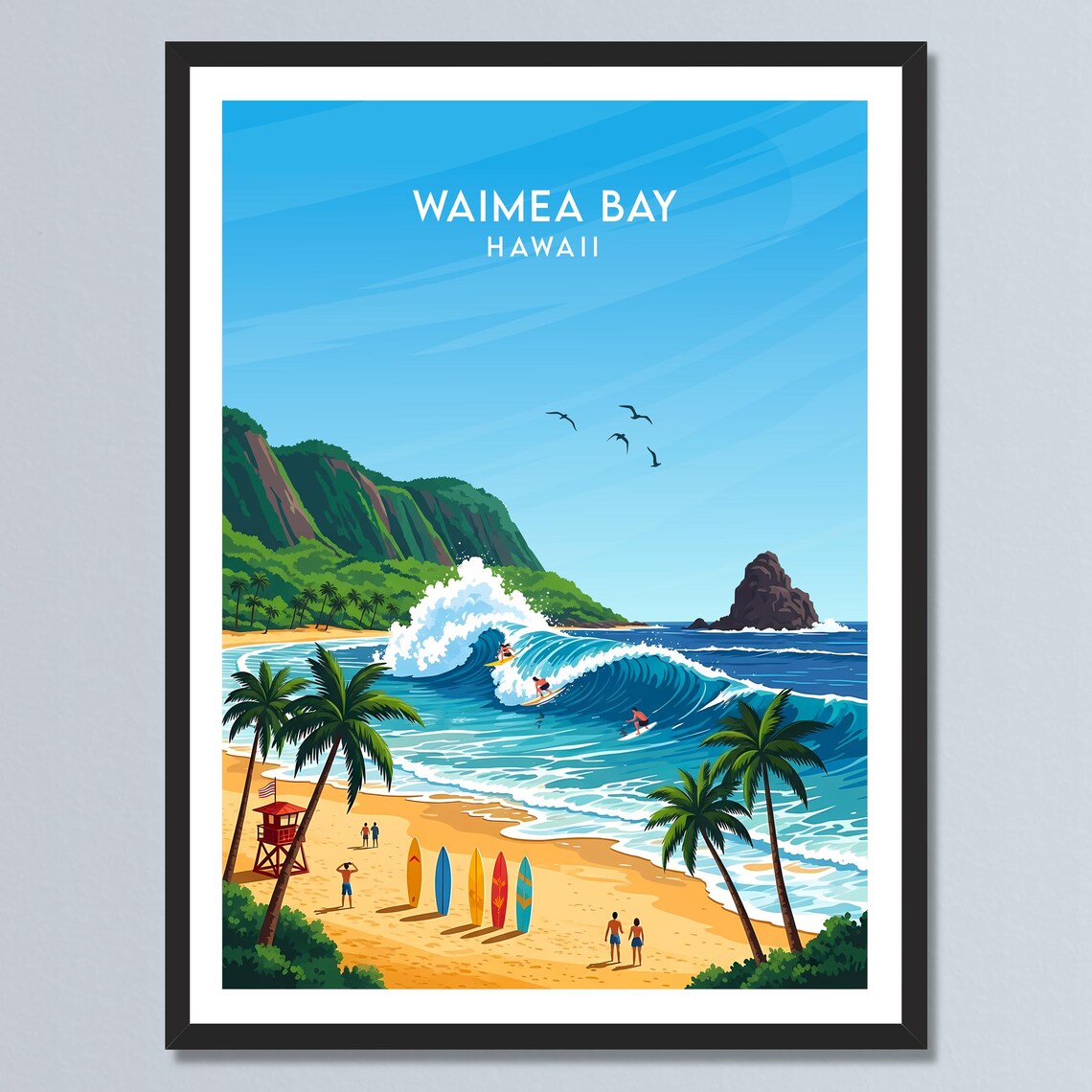 Waimea Bay Hawaii Surfers Big Wave Surfing Palm Beach Poster