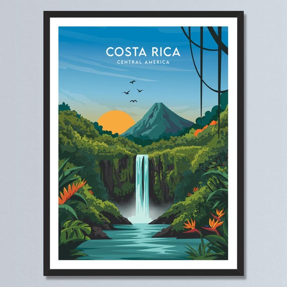 Costa Rica Travel Poster Tropical Waterfall Volcano Print Landscape Wall Art Personalized Home Decor Gift