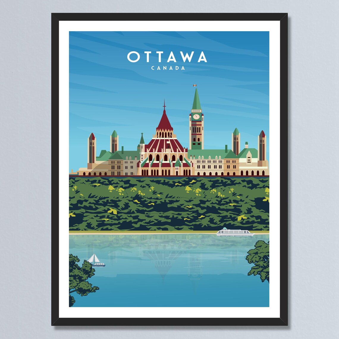 Ottawa Canada Parliament Buildings River Retro Travel Poster