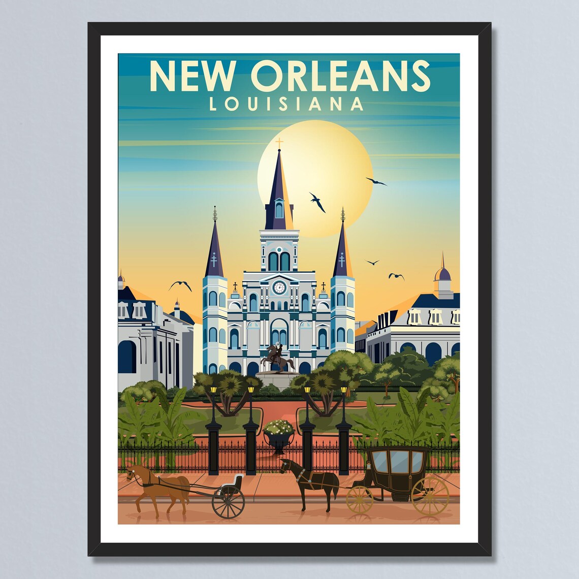New Orleans Louisiana Cathedral Horse Carriage Sunset Travel Poster