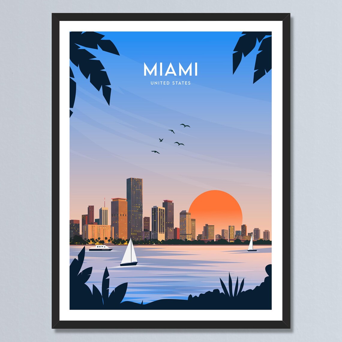 Miami Florida Sunset Skyline Palm Trees Sailboats Bay Travel Poster