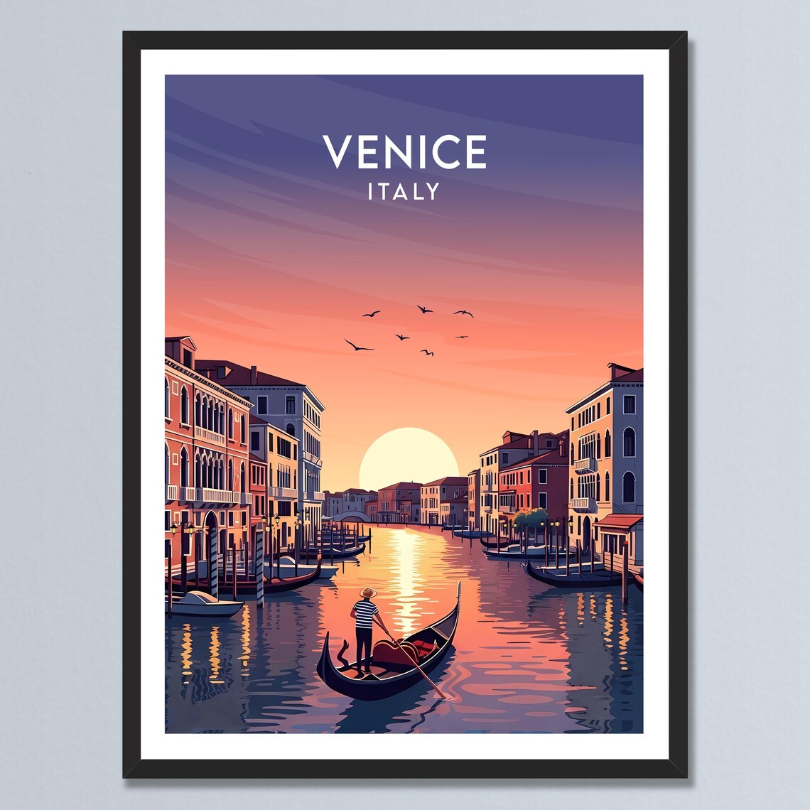 Venice Italy Gondola Sunset Canal Romantic Vintage Travel Poster