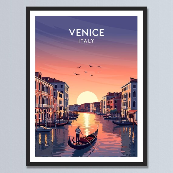 Venice Italy Gondola Sunset Canal Romantic Vintage Travel Poster
