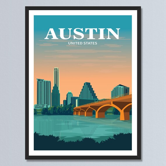 Austin Texas Orange Sunset Skyline Arch Bridge Travel Poster