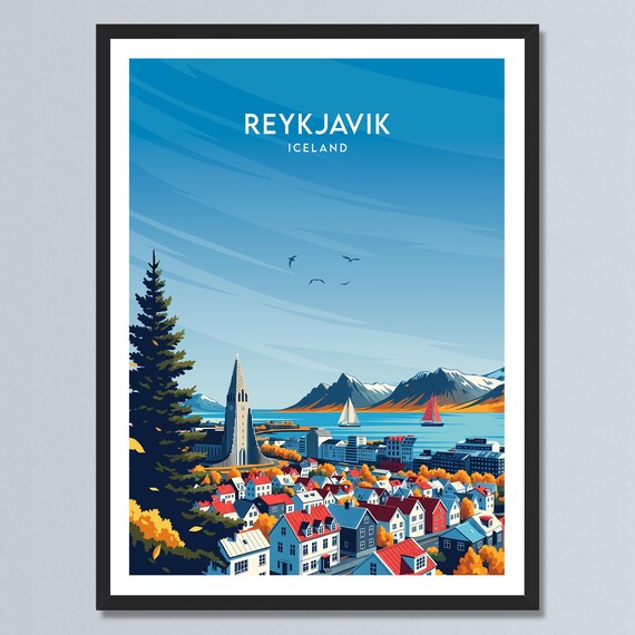 Reykjavik Iceland Colorful Harbor Cityscape Retro Travel Poster