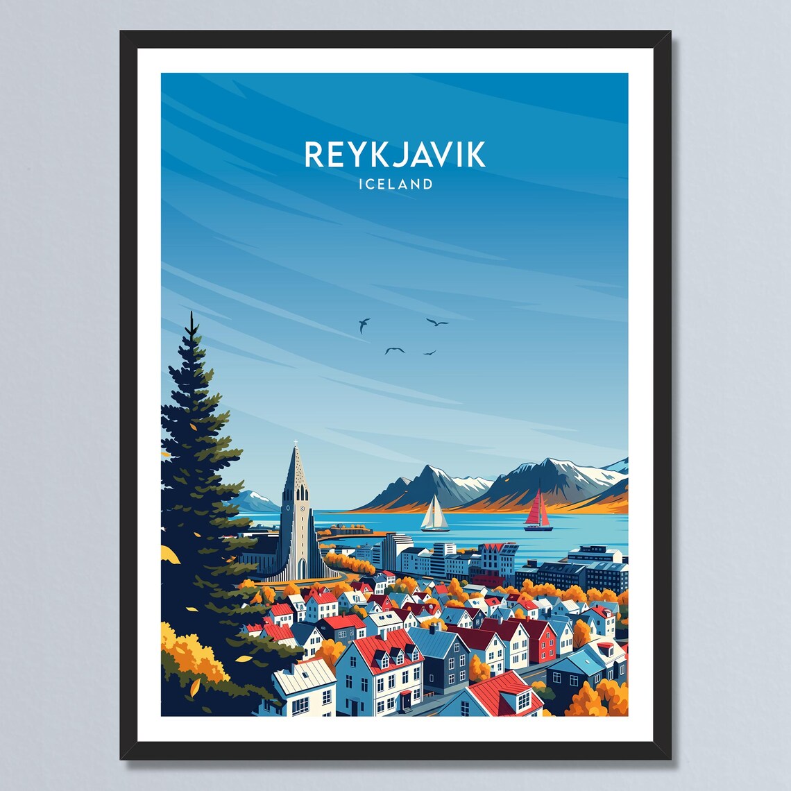 Reykjavik Iceland Colorful Harbor Cityscape Retro Travel Poster