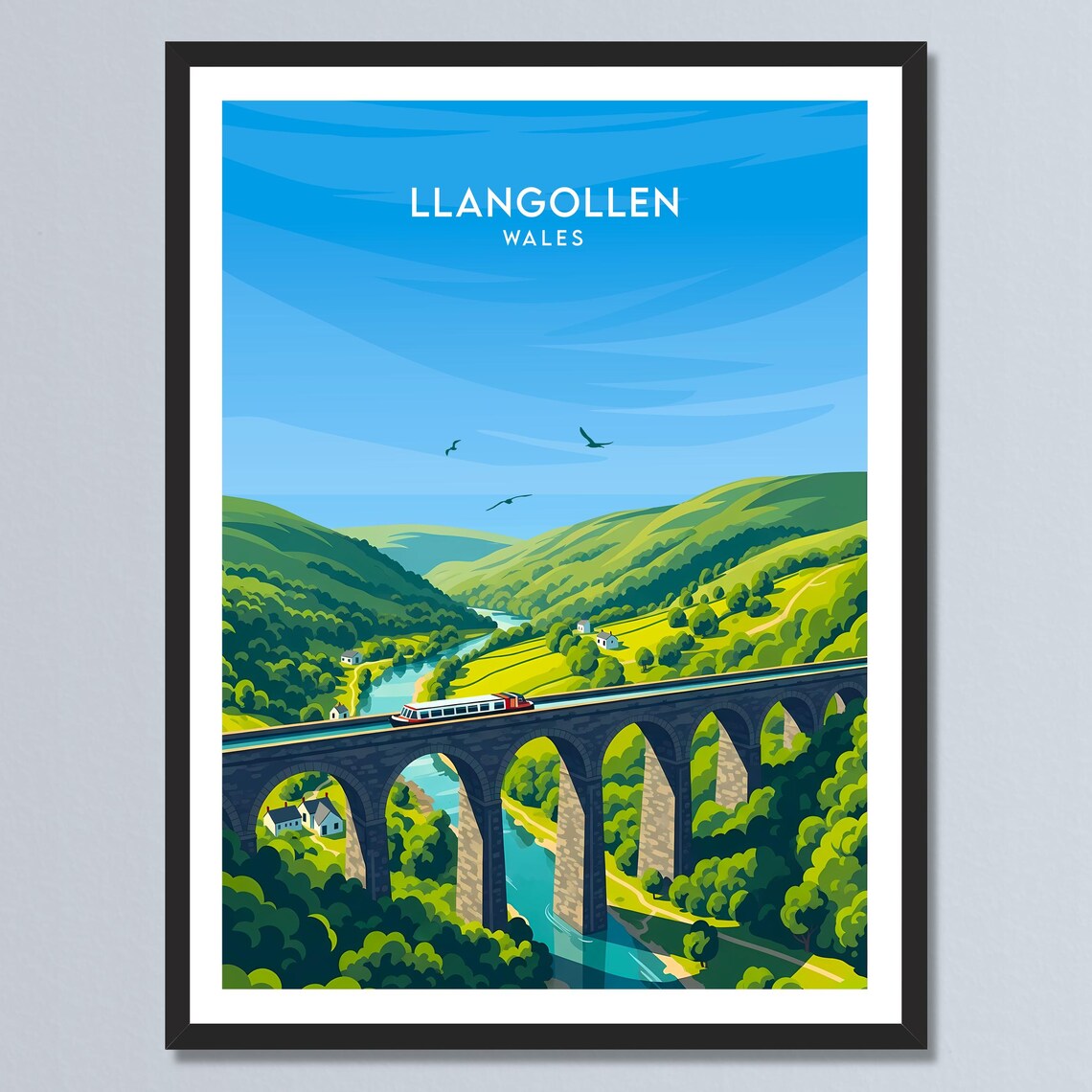 Llangollen Wales Canal Aqueduct Hillside Retro Travel Poster