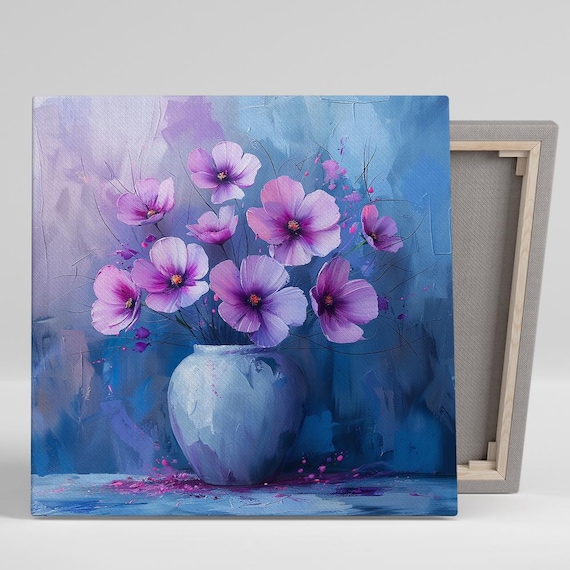Purple Cosmos Flowers Blue Vase Painting Moody Wall Art Print