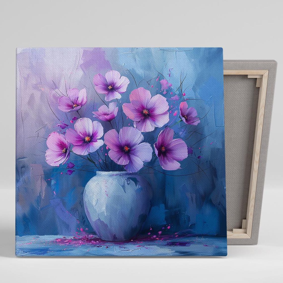 Purple Cosmos Flowers Blue Vase Painting Moody Wall Art Print