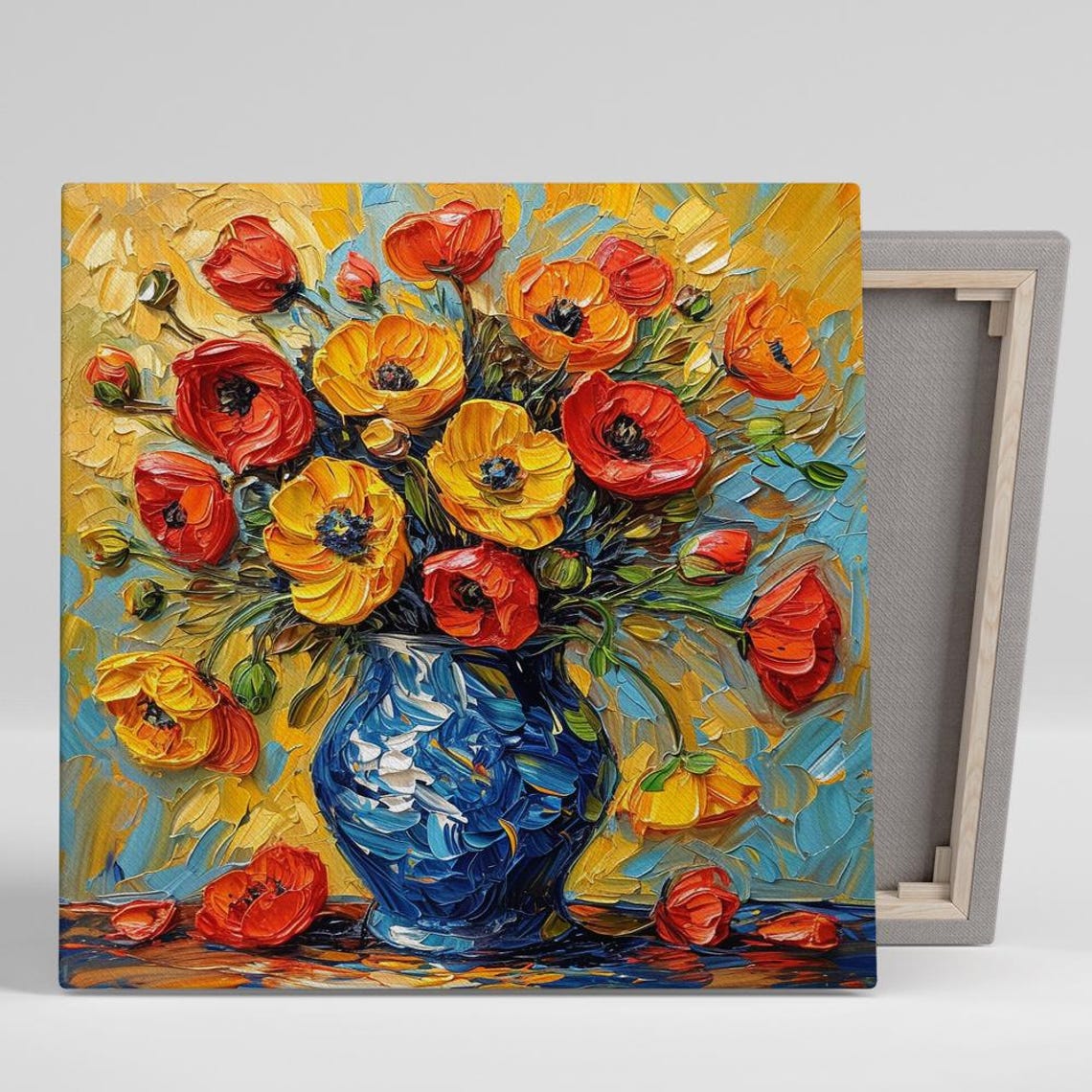 Red Orange Yellow Poppies Blue Vase Impasto Oil Painting Floral Poster