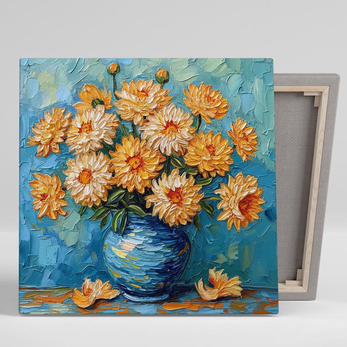 Golden Chrysanthemum Blue Vase Impasto Oil Painting Floral Poster