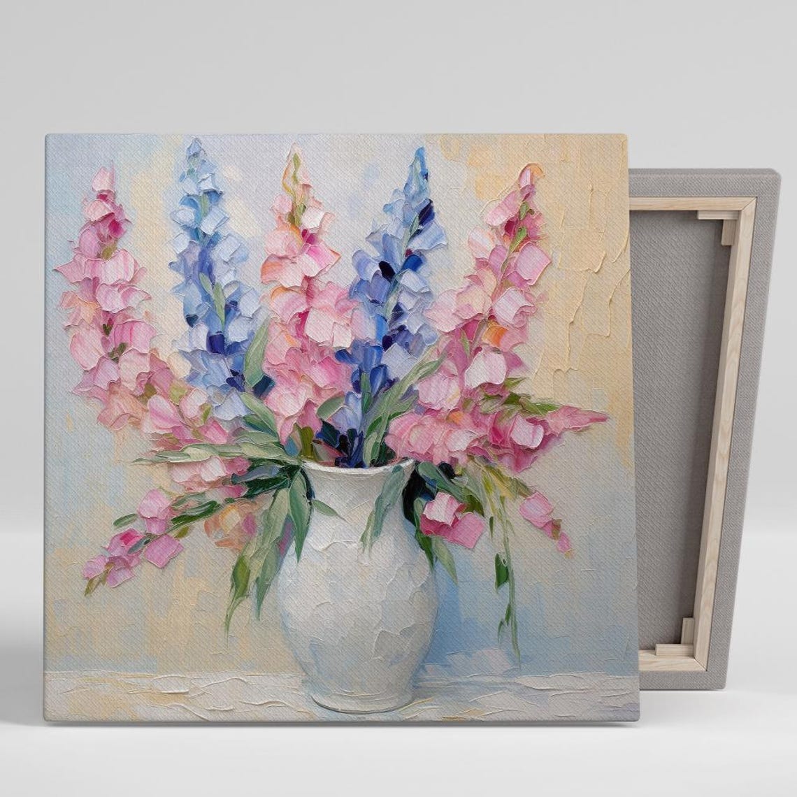 Pastel Delphinium Bouquet in White Vase Impressionist Floral Print