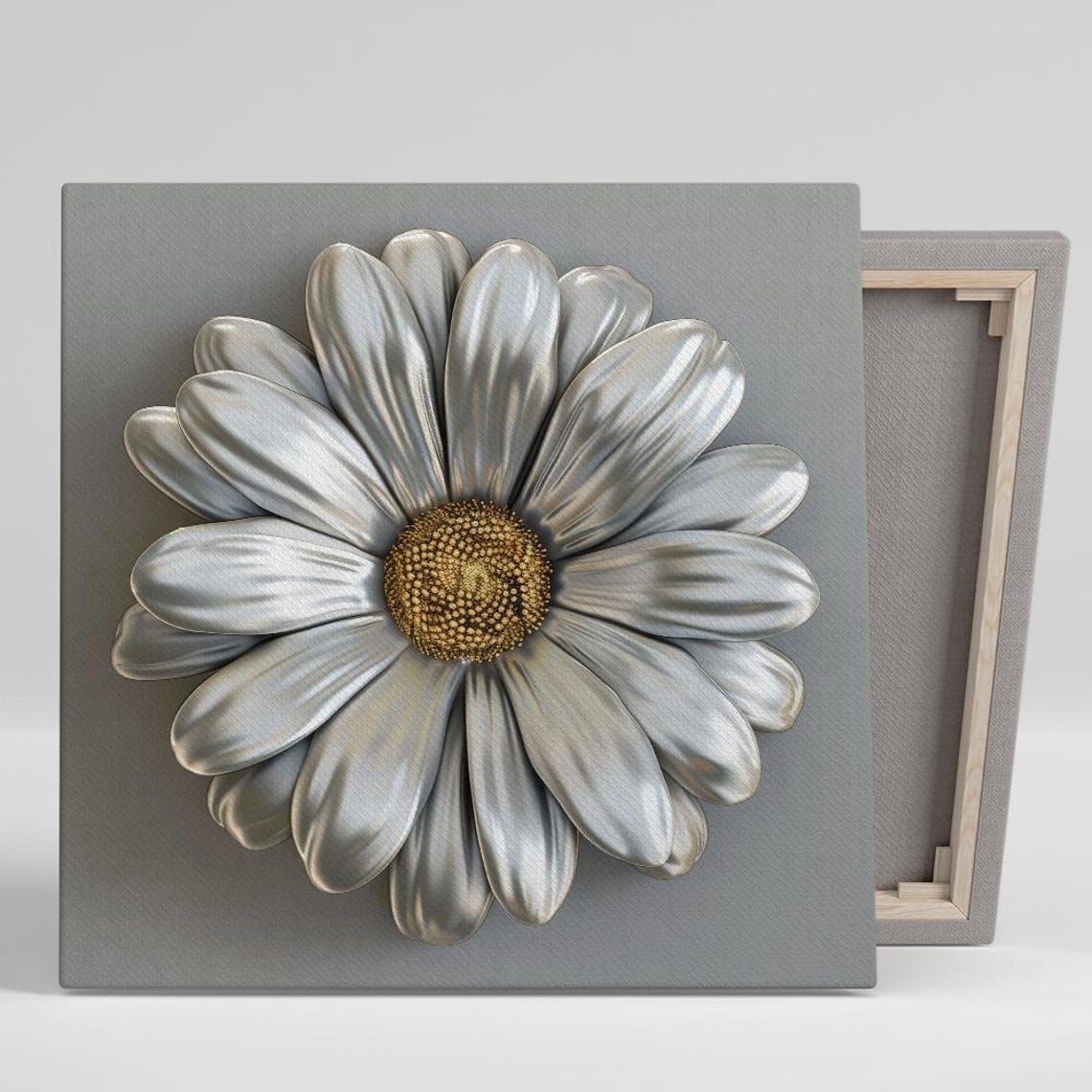 Metallic Silver Daisy With Gold Center On Grey Background Poster
