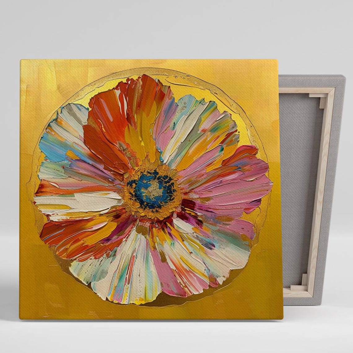 Rainbow Gerbera Abstract Impasto Flower Gold Circle Modern Art Poster