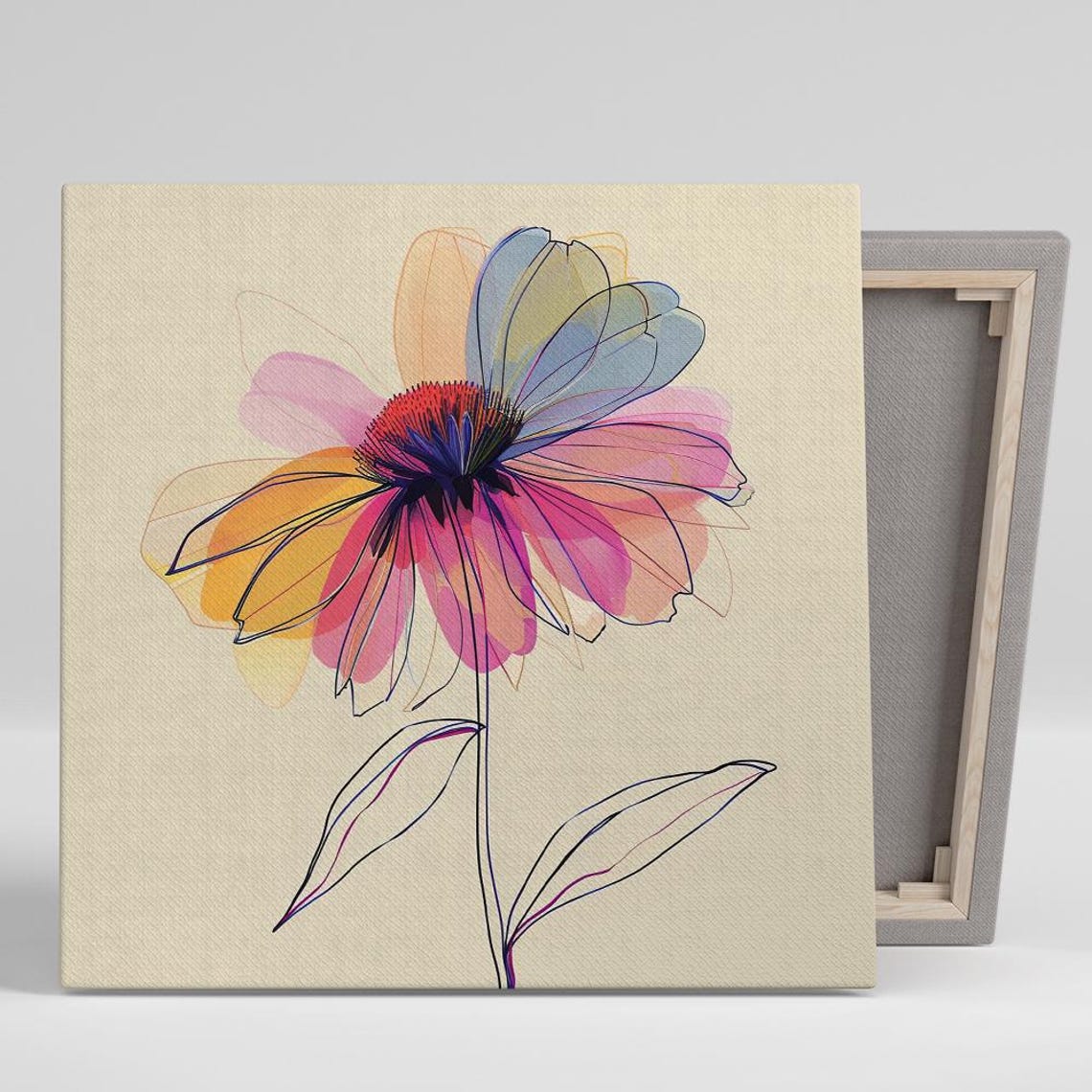 Watercolor Daisy Line Art In Pink Orange Blue On Cream Art Poster