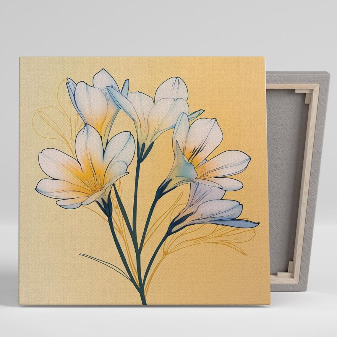 White Freesia Flowers Line Art on Warm Golden Yellow Background Poster
