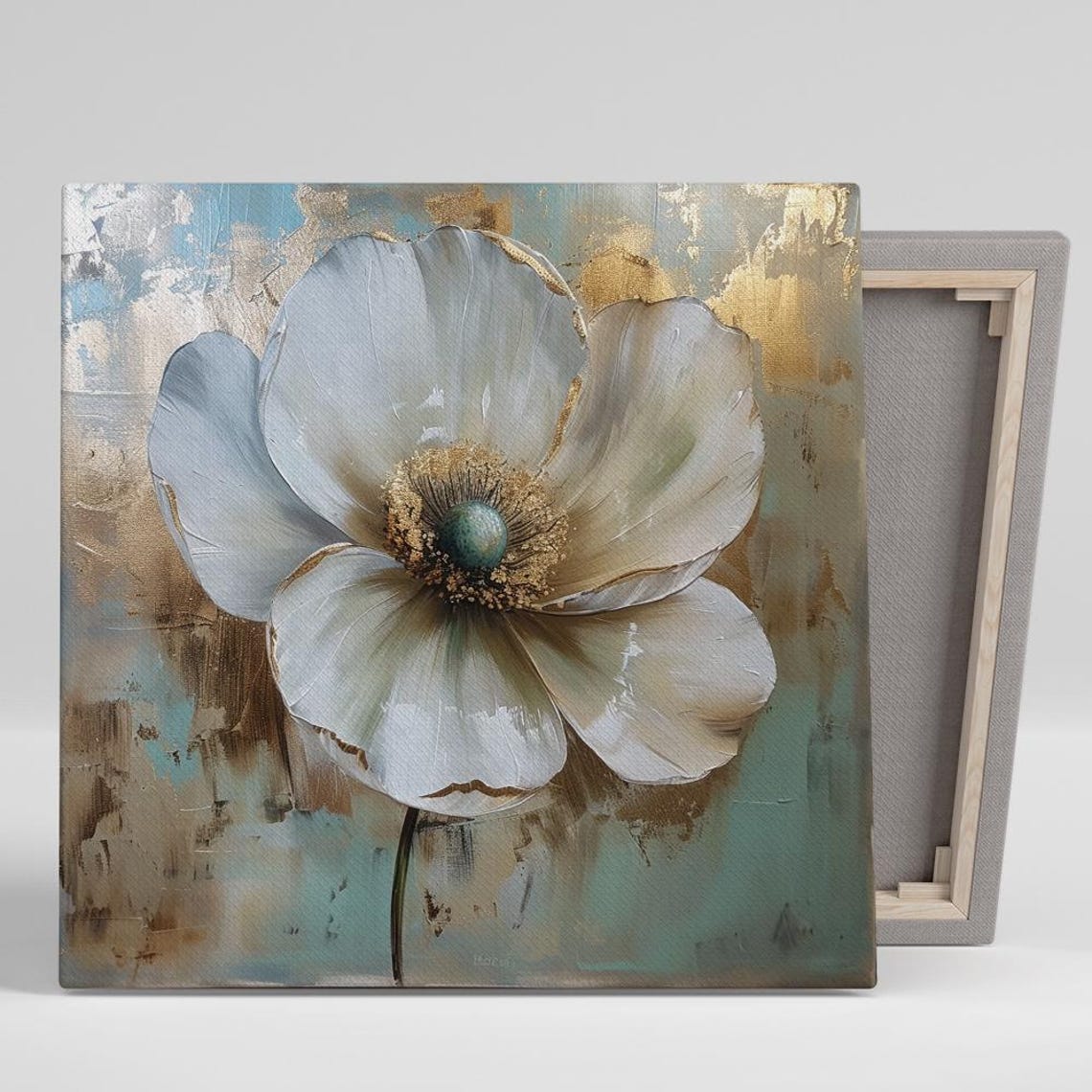 White Poppy Bloom Gold Accent Painting Beige Teal Art Wall Poster
