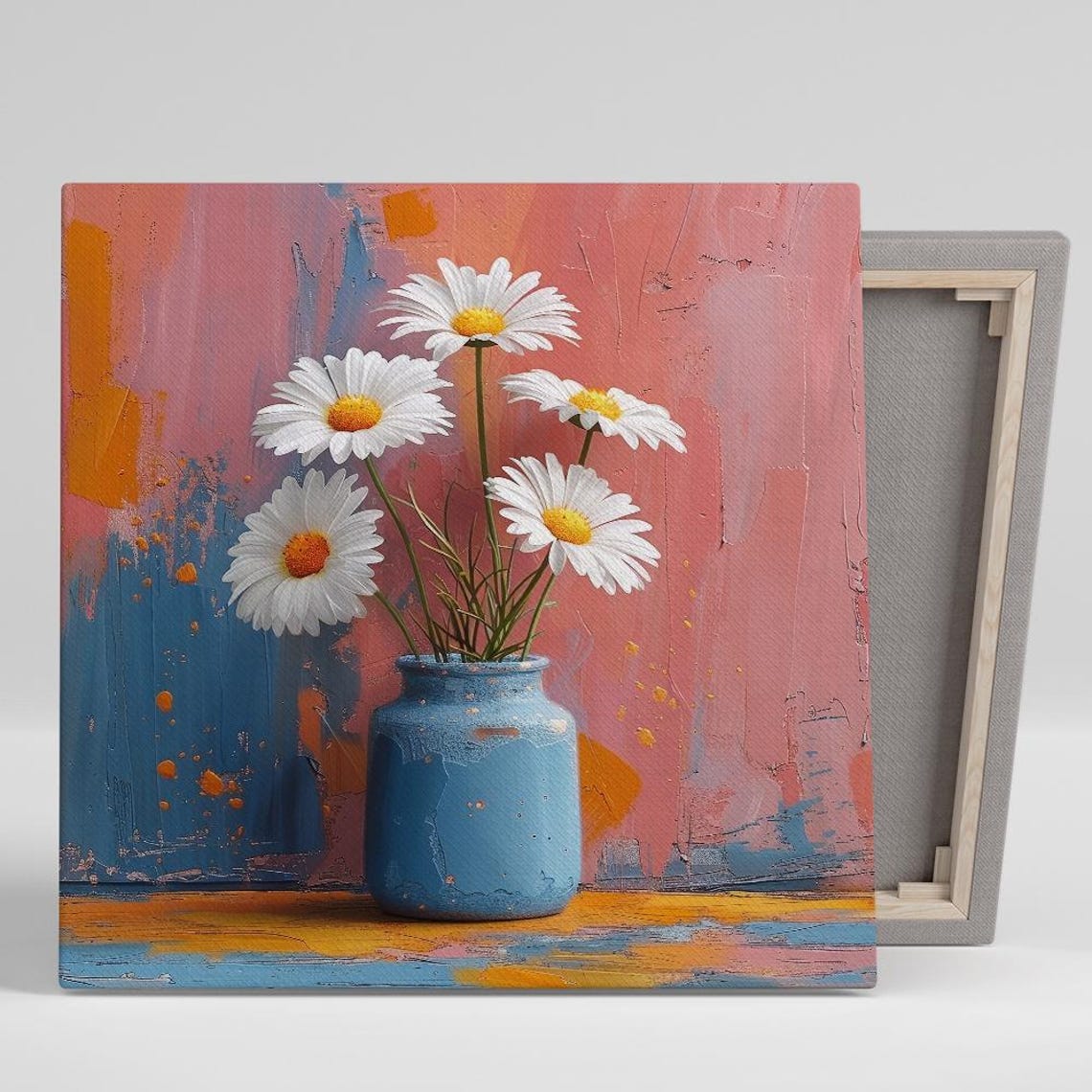 White Daisies in Blue Ceramic Jar Colorful Painted Background Poster