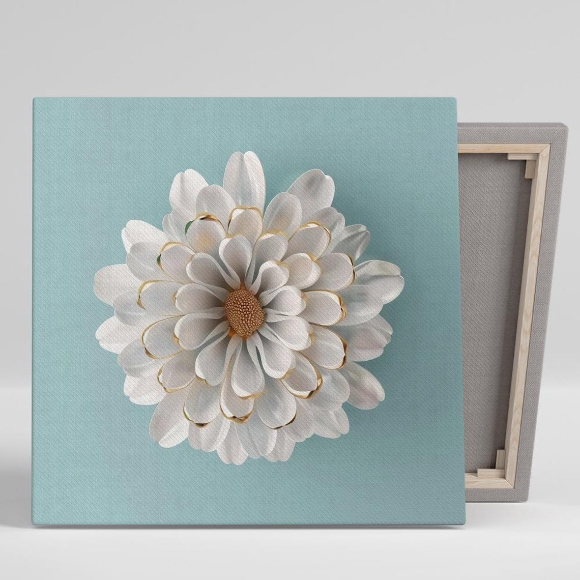 White Chrysanthemum Gold Tipped Petals Turquoise 3D Floral Poster