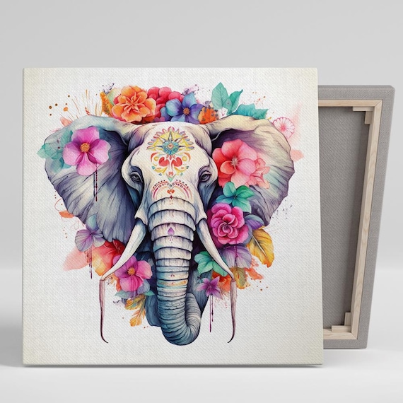 Bohemian Elephant Watercolor Floral Crown Whimsical Animal Art Print