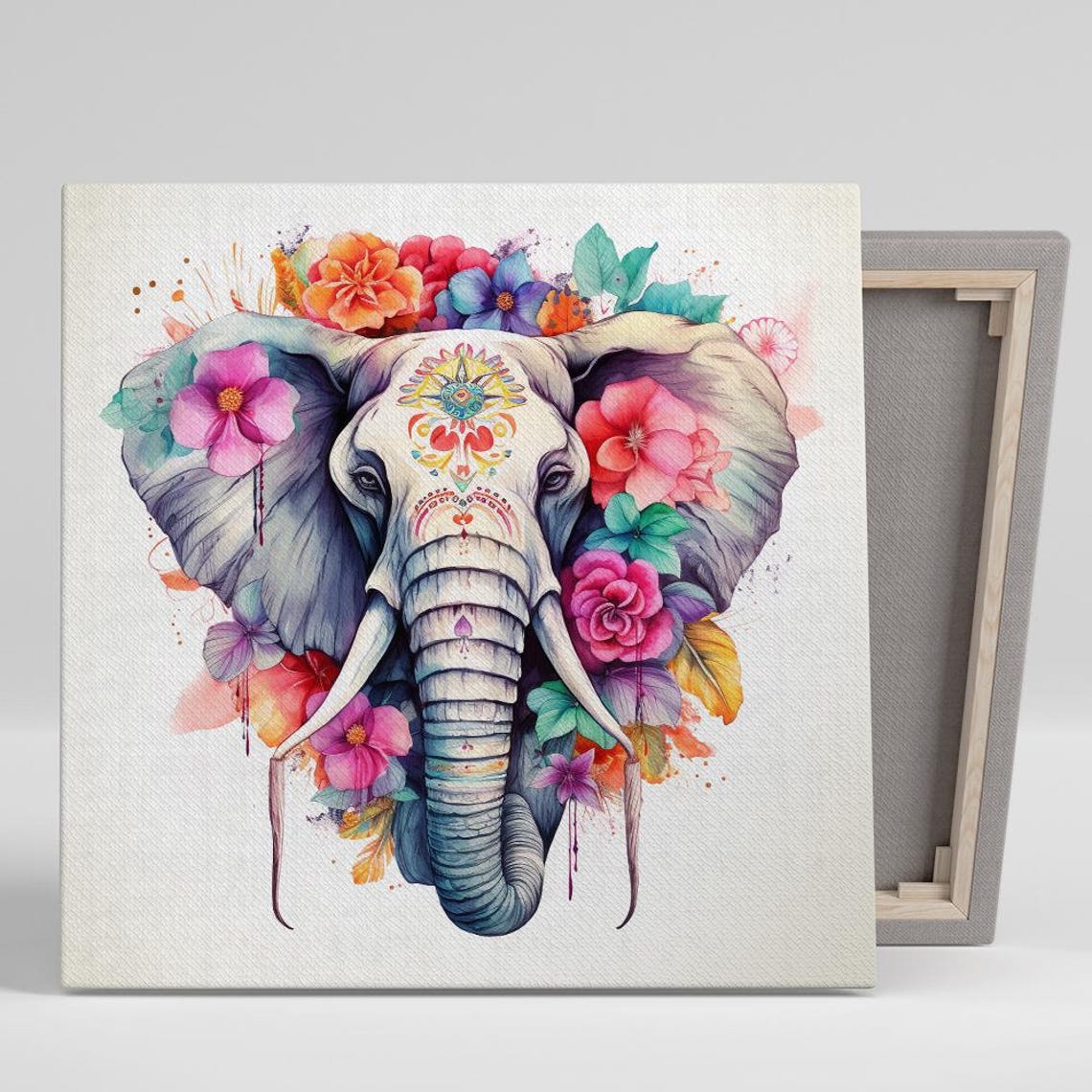 Bohemian Elephant Watercolor Floral Crown Whimsical Animal Art Print
