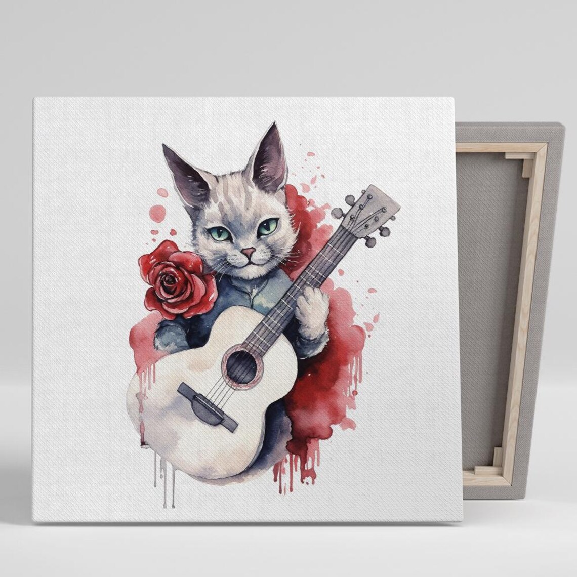 Whimsical Cat Playing Guitar Red Rose Watercolor Bohemian Animal Wall Art