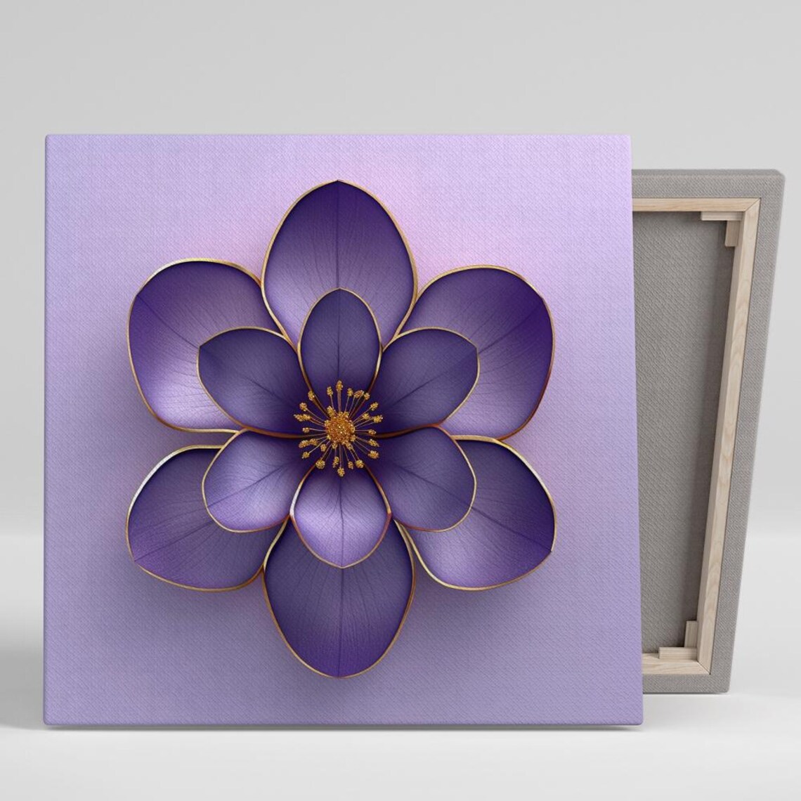 Purple Metallic Bloom with Gold Edges on Lavender Floral Wall Art
