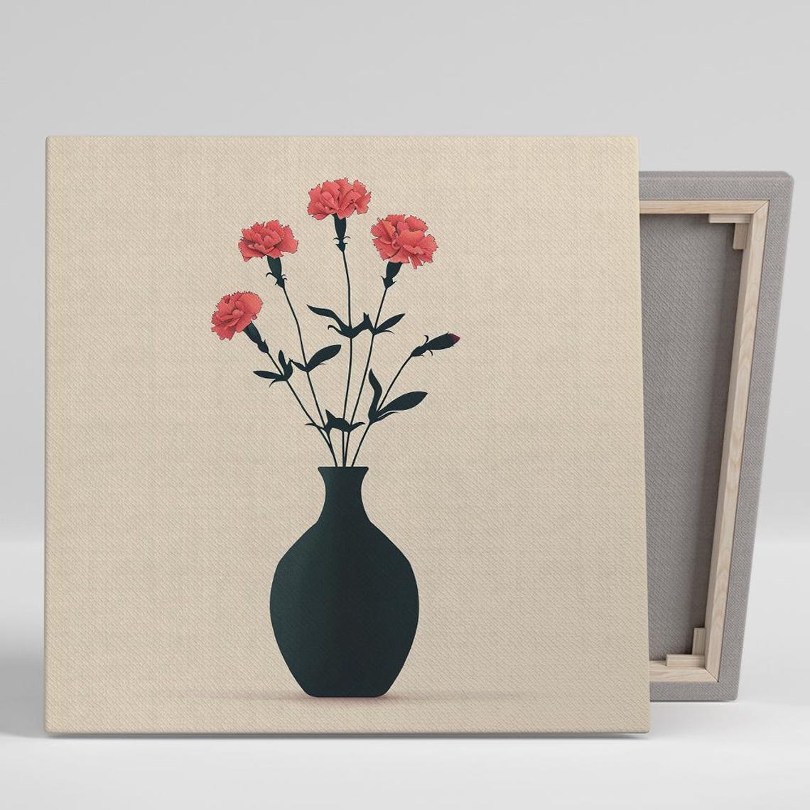 Coral Carnation Black Vase Minimalist Beige Linen Floral Art Poster