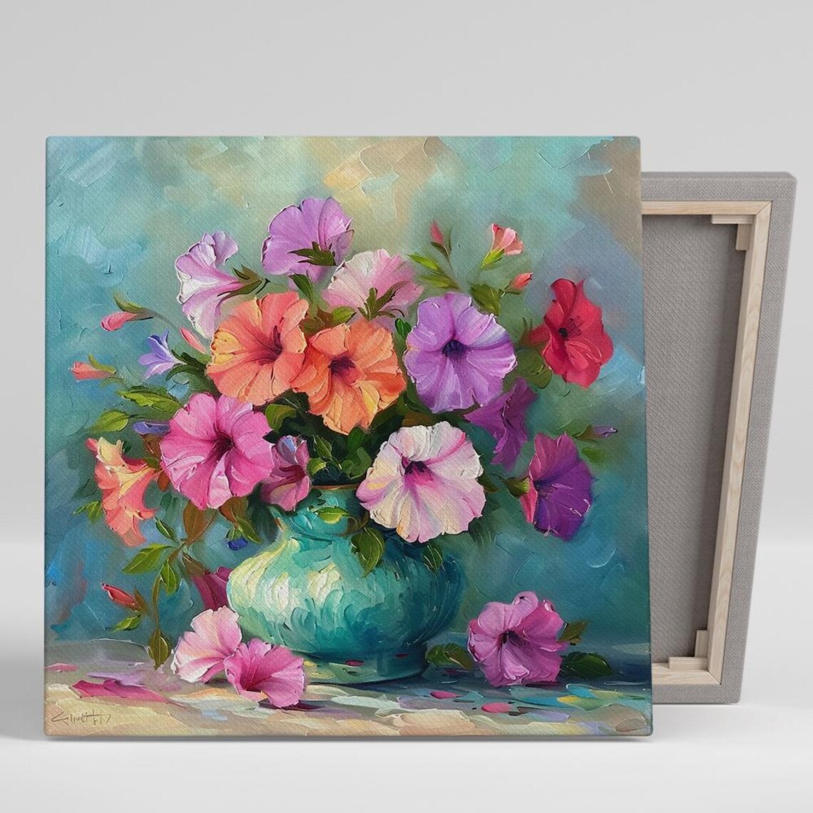Colorful Petunia Bouquet Turquoise Vase Impressionist Floral Poster