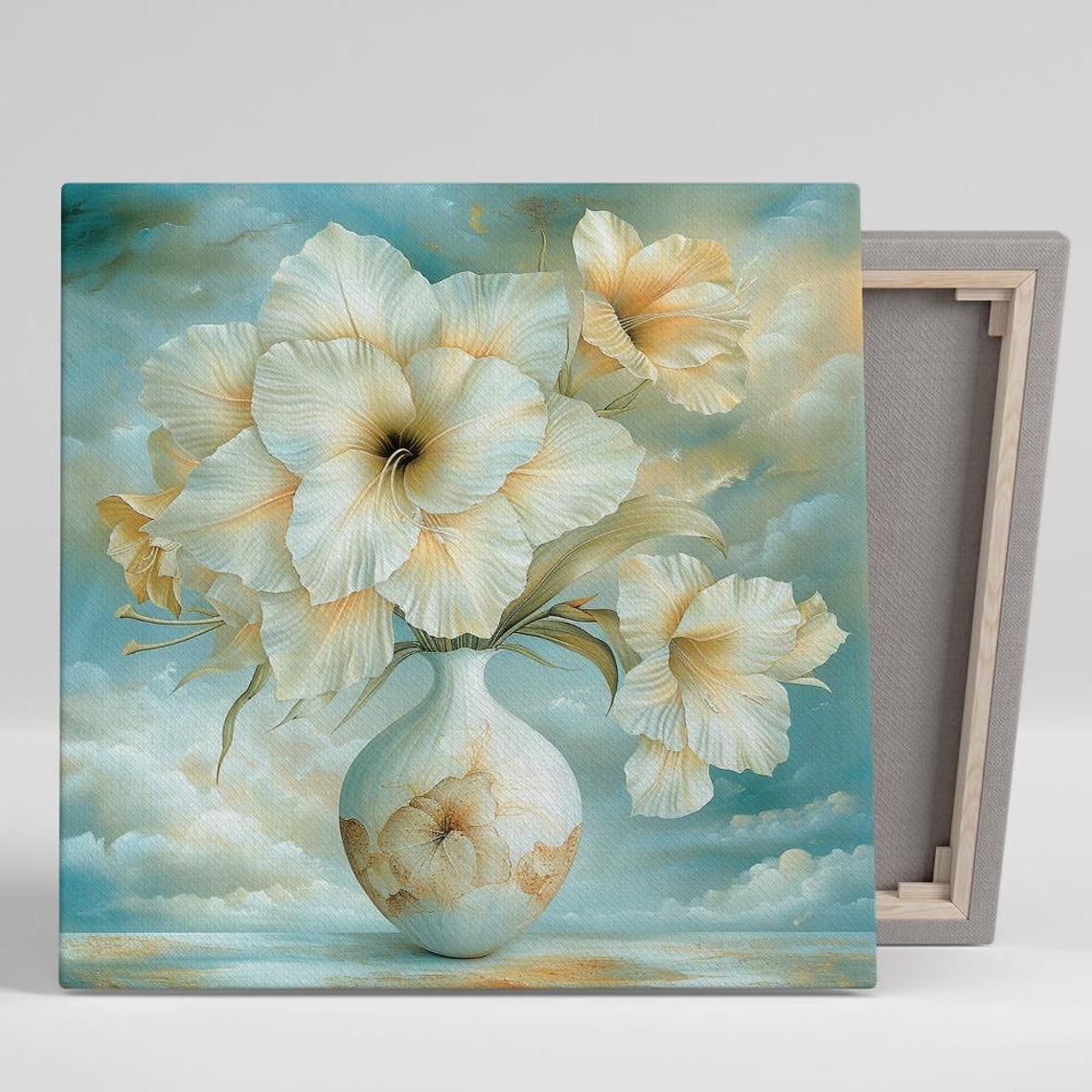 Cream Hibiscus Flowers Vase Dreamy Turquoise Cloudy Wall Art