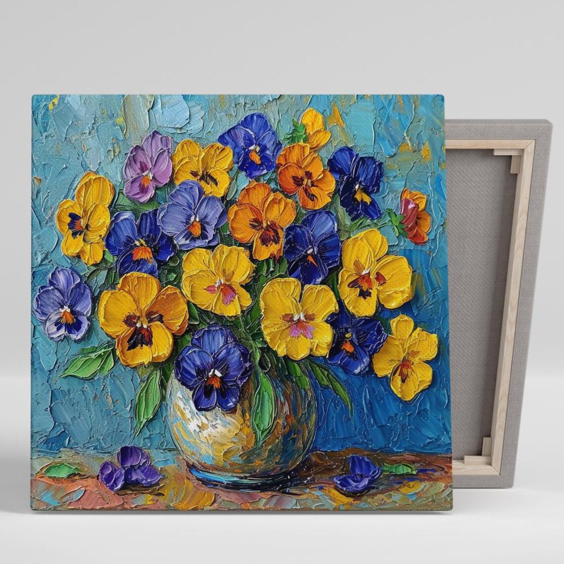 Pansy Burst Yellow Blue Purple Impasto Glass Vase Art Poster