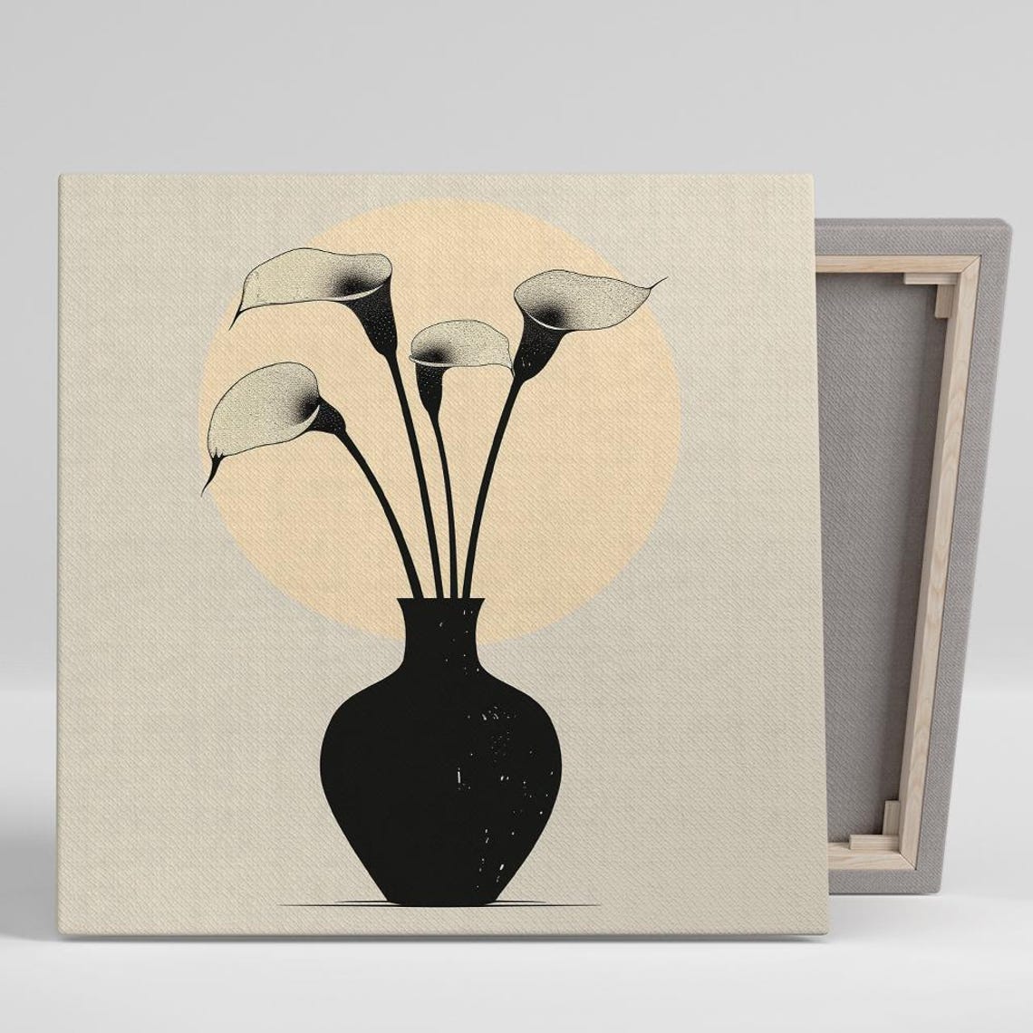 Calla Lily Black Vase Modern Minimalist Beige Sun Circle Art Print