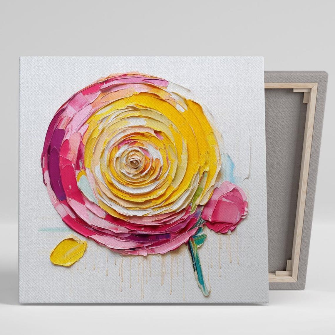 Giant Ranunculus Bloom Pink Yellow Impasto Abstract Art Poster