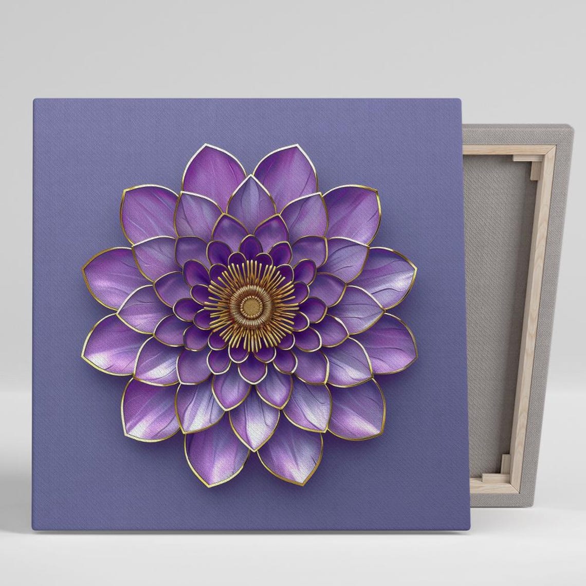 Purple Dahlia Bloom Gold Trim Symmetrical Mandala Floral Wall Art