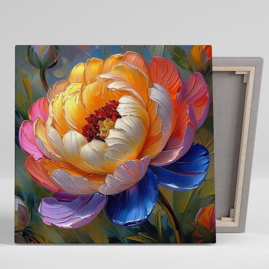 Multicolor Peony Bloom Close Up Vivid Impasto Floral Wall Art