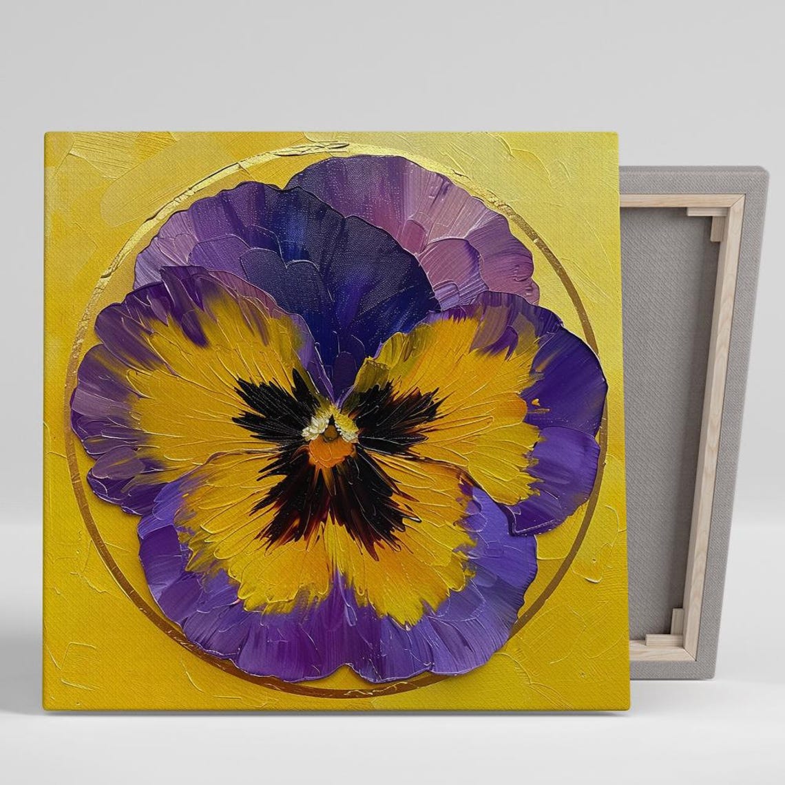 Purple Yellow Pansy Flower Impasto Oil Gold Ring Floral Art Poster