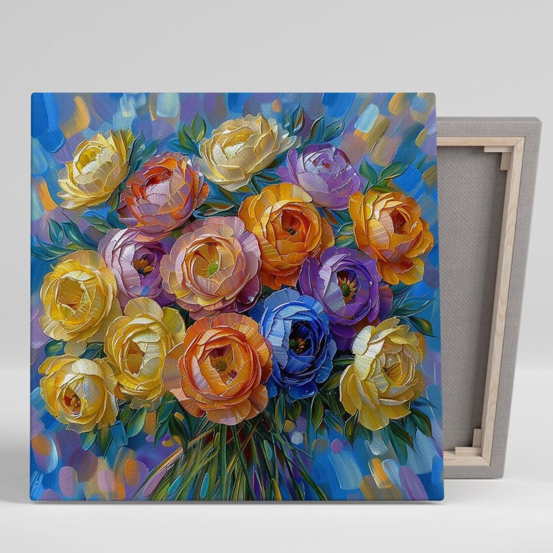 Vibrant Rose Bouquet Yellow Orange Purple Impasto Art Poster