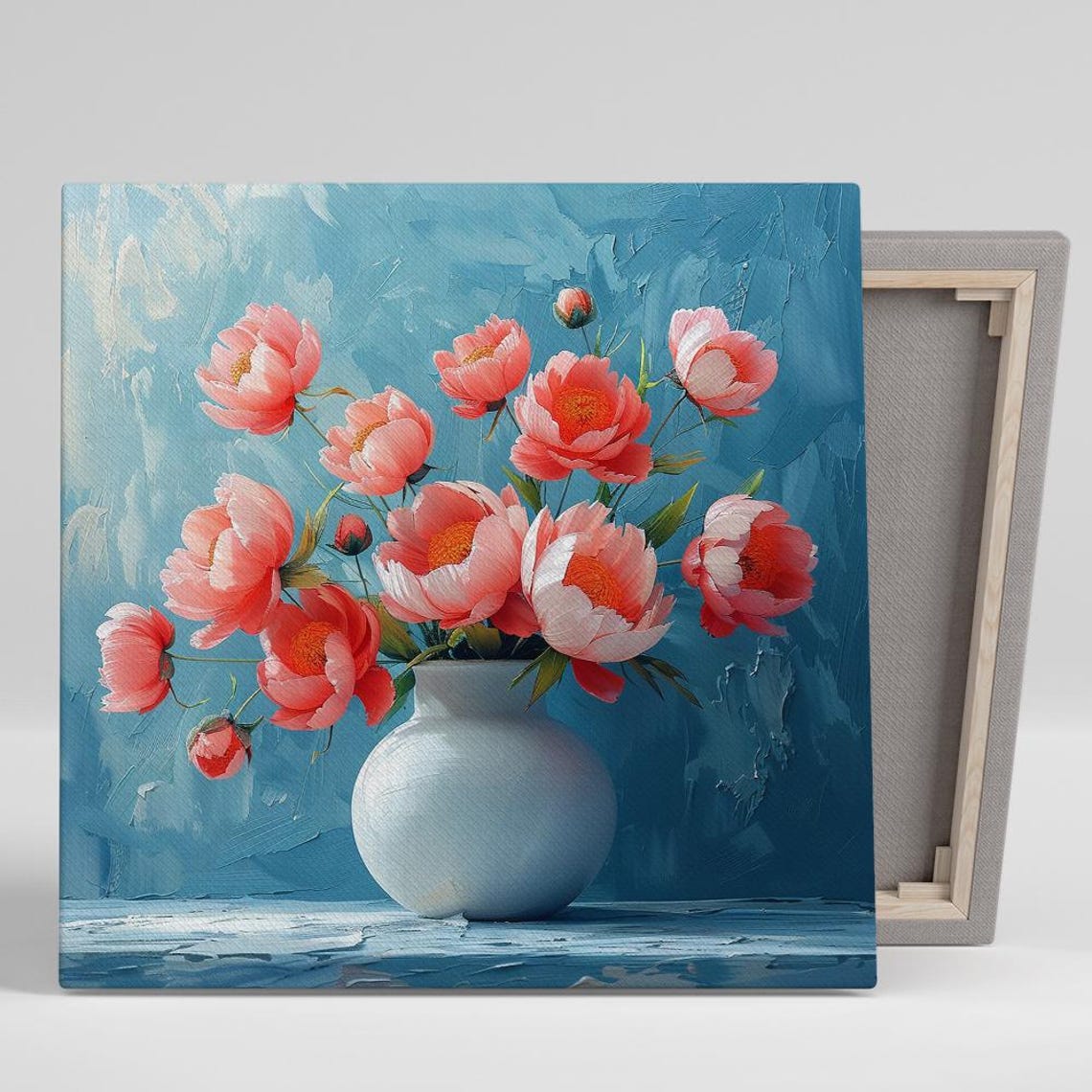 Pink Peony Bouquet White Vase Teal Blue Painterly Floral Art Poster